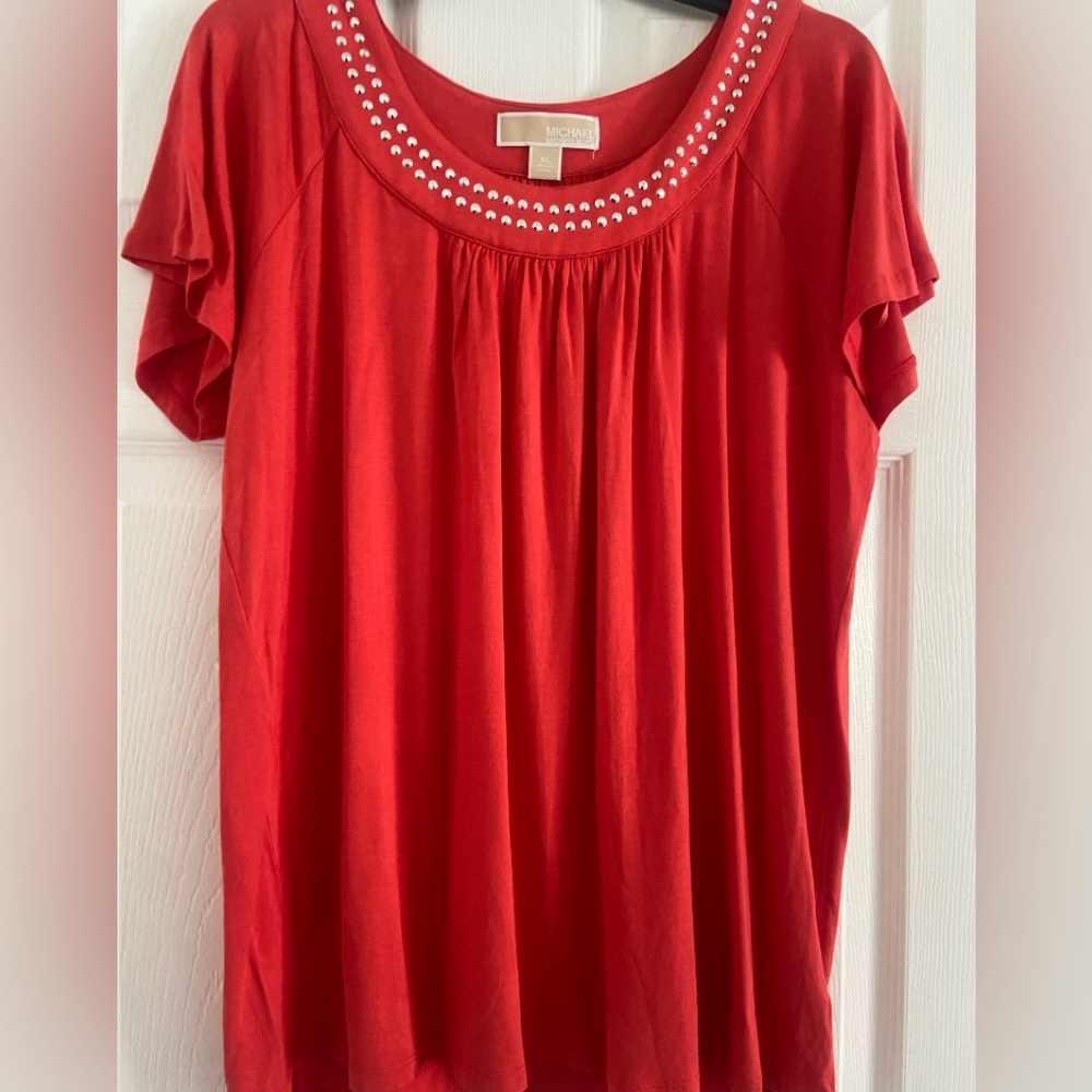 Michael Kors Coral Blouse with Embellished Neckline